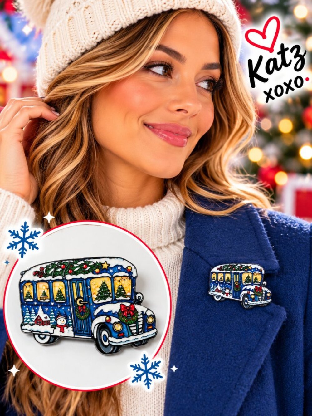 Christmas Bus Pin Brooch Blue Holiday Snowman Tree Wreath Enamel Lapel Jewelry